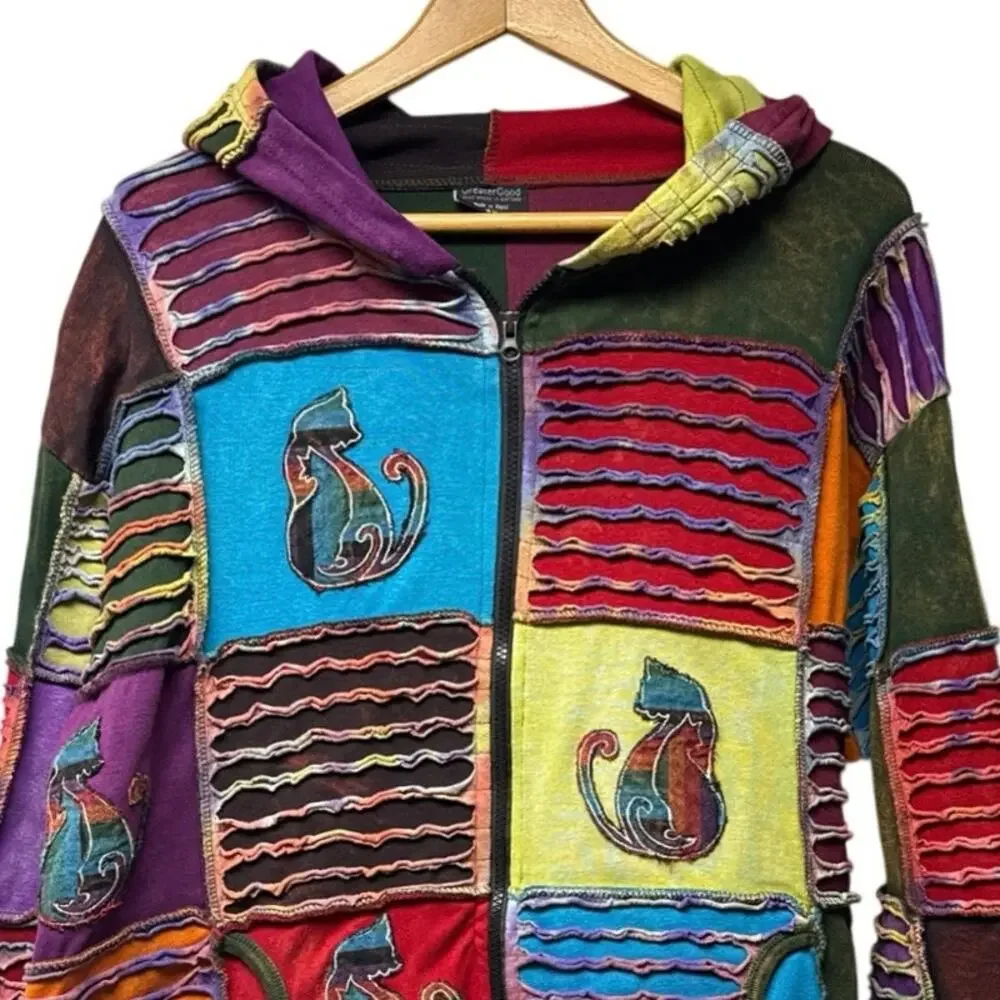 Greater Good Patchwork Full Zip Sweatshirt Jacket 3X Embroidered Cats Artsy - Picture 2 of 8